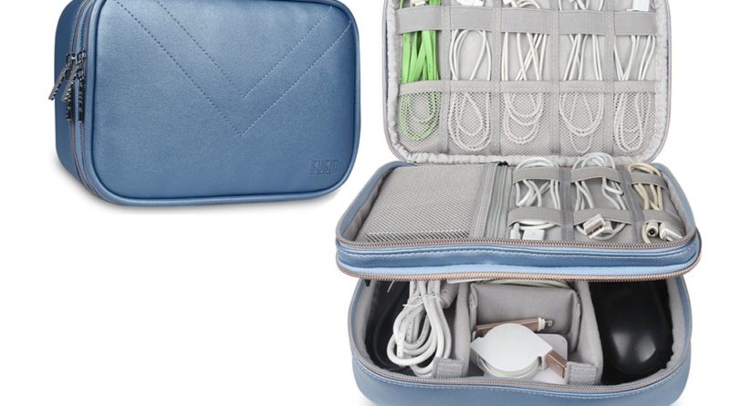 BUBM Waterproof Double Layers Travel Gadget Organizer Bag for Data Cables, USB Flash Drive, Power Bank, Chargers, Plugs, Memory Cards, CF Cards and 7.9" iPad Mini (Blue)