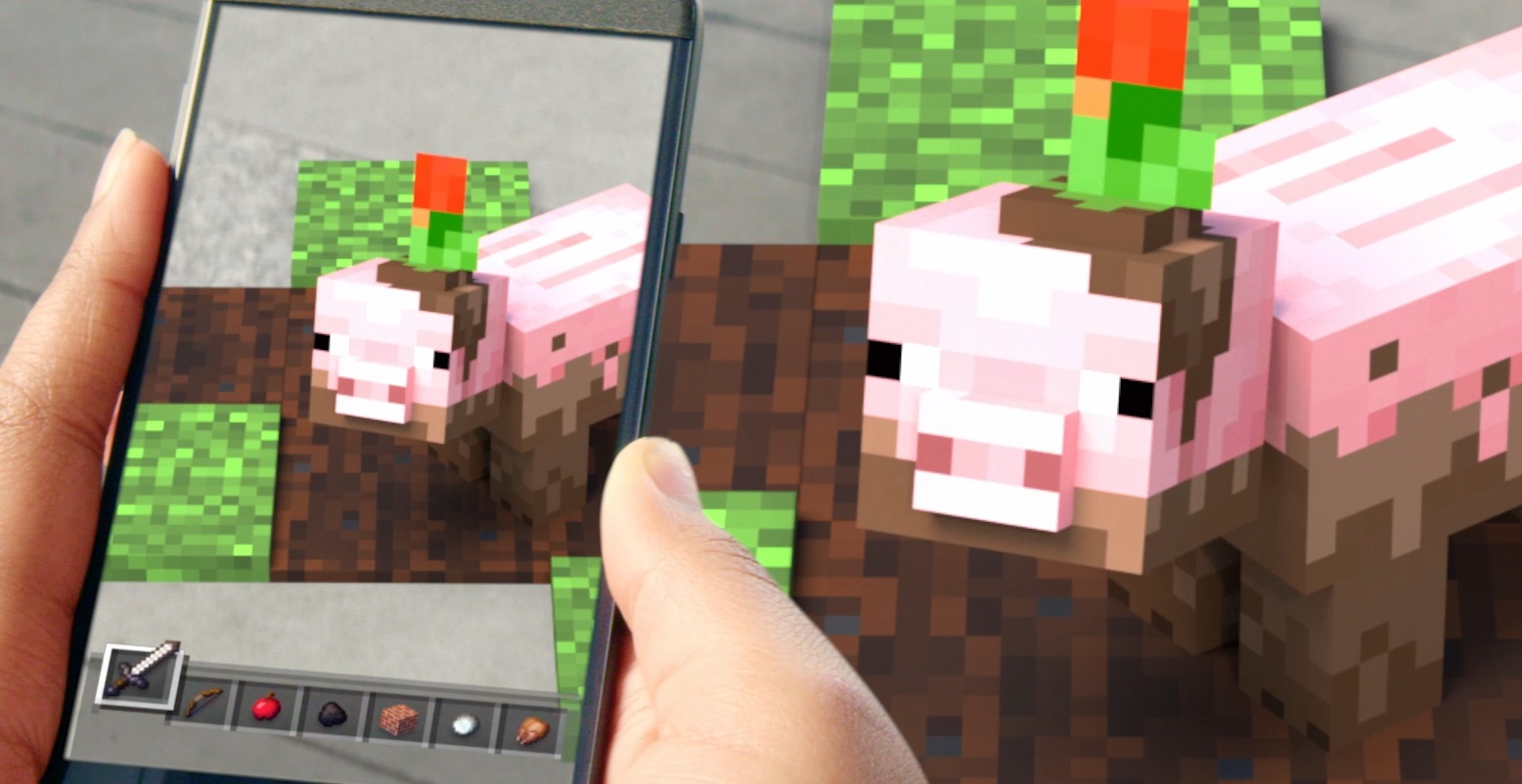 A pig from Minecraft showing in the real world via augmented reality.