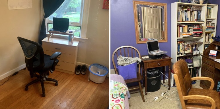 Two teachers' minimal home offices.